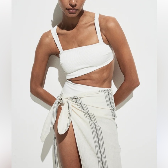 NEW H&M Cotton Wrapover Sarong | Cream & Black Striped | M/L - Picture 3 of 13